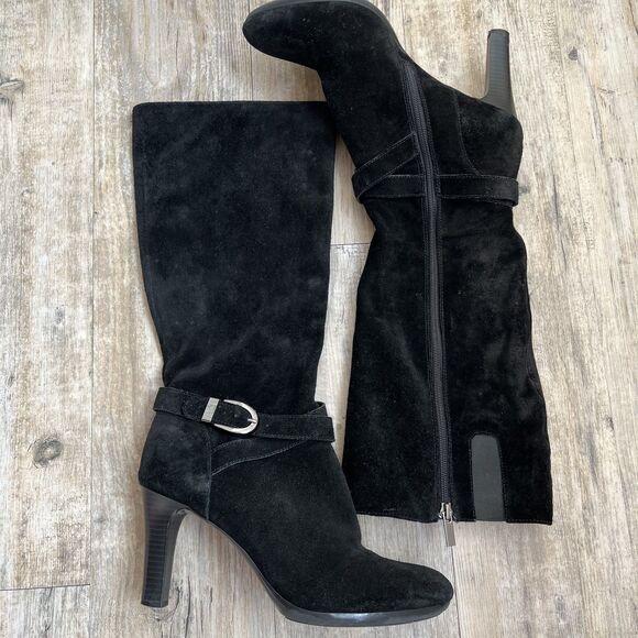 Anne Klein Boots Women's 10 Knee High iFlex Black Suede Cadencia Silver Buckle - Picture 1 of 12
